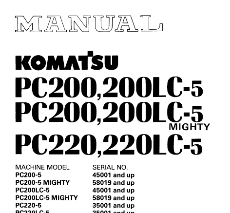 Komatsu Pc200-5 Pc200lc-5 Mighty Excavator Repair Manual