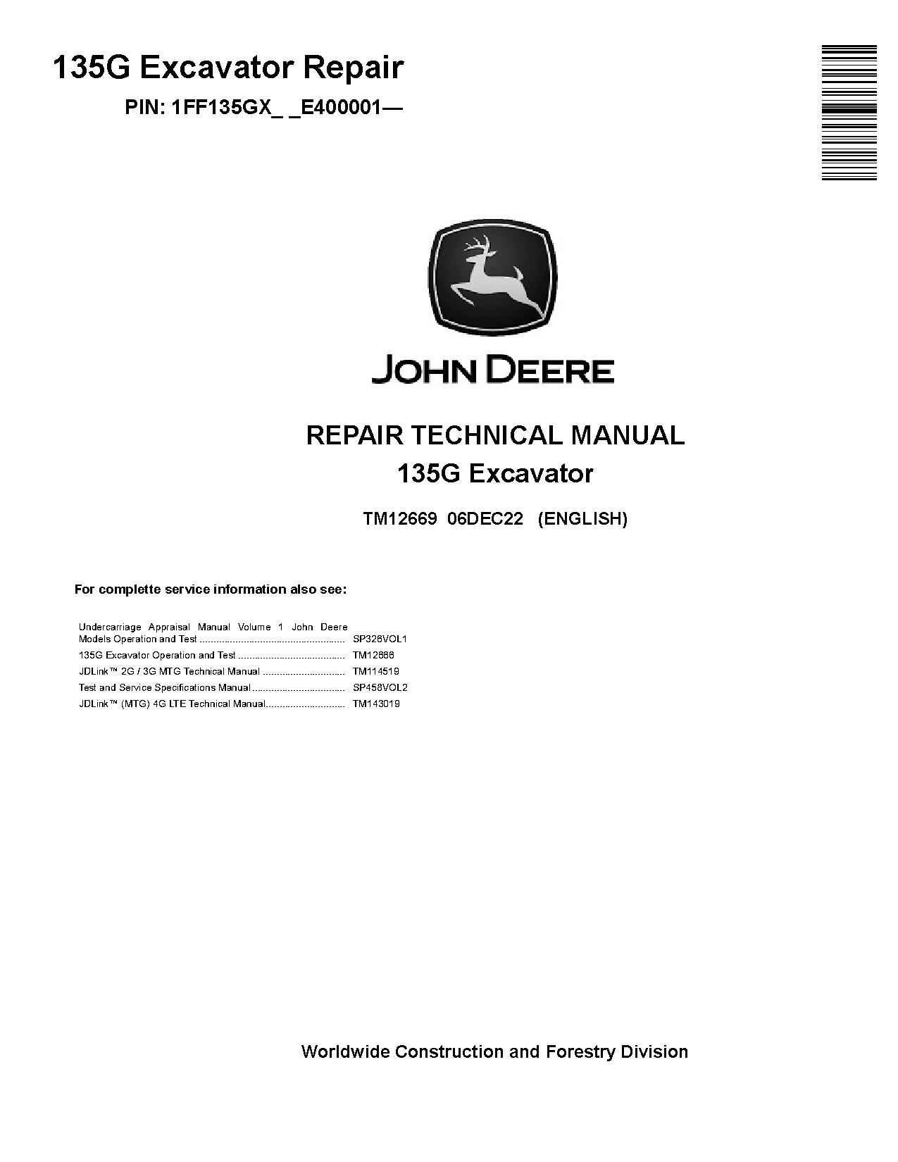 Deere 135G Excavator Service Repair Manual TM12669