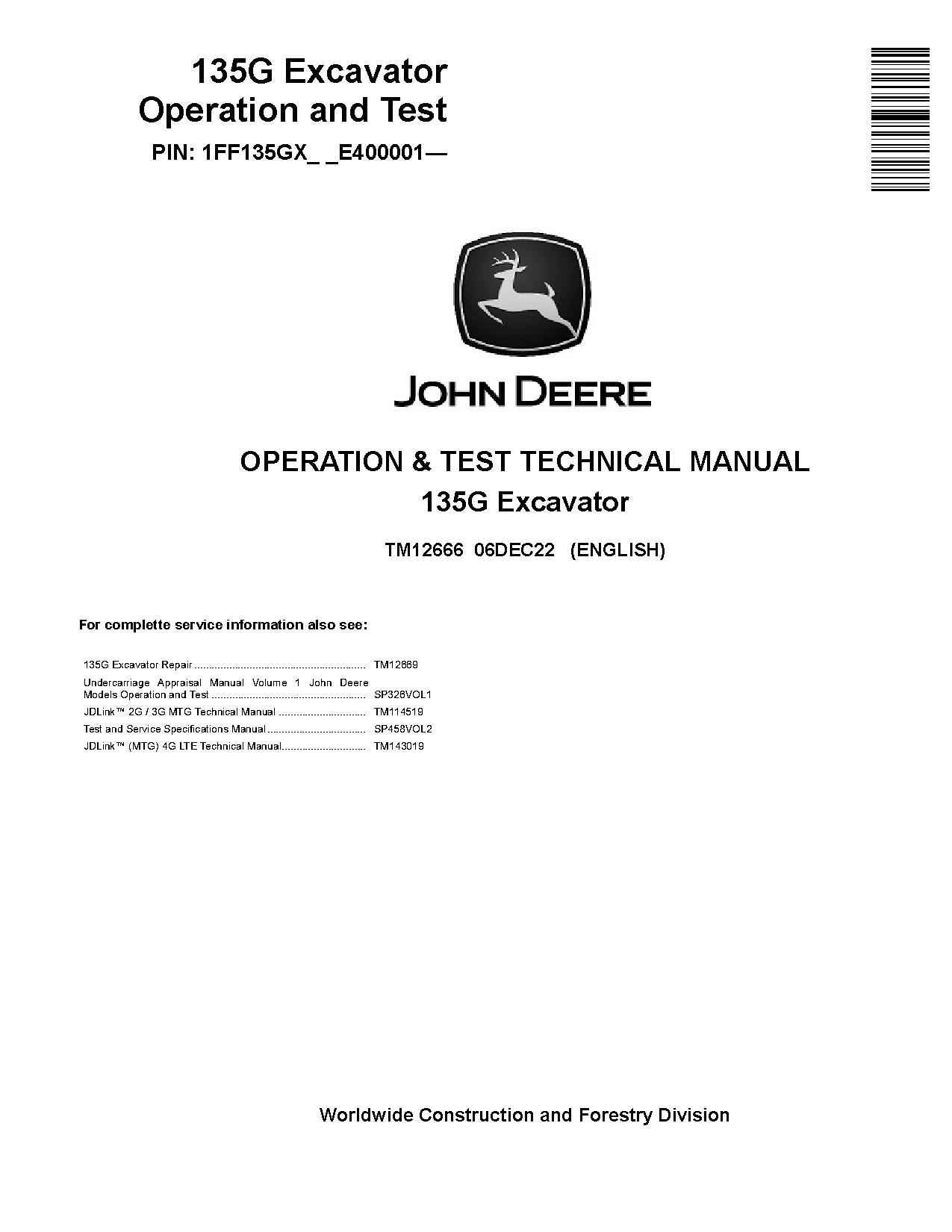 John Deer 135g Excavator Diagnostic, Operation Test Service Manual