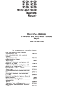 John Deere 9100 9200 9300 9400 4WD Tractors Diagnosis Tests Service Manual