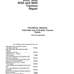 John Deere 9100 9200 9300 9400 4WD Tractors Diagnosis Tests Service Manual