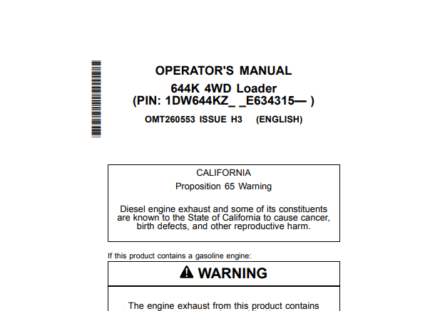 John Deere 644K 4WD Loader - Operator's Manual