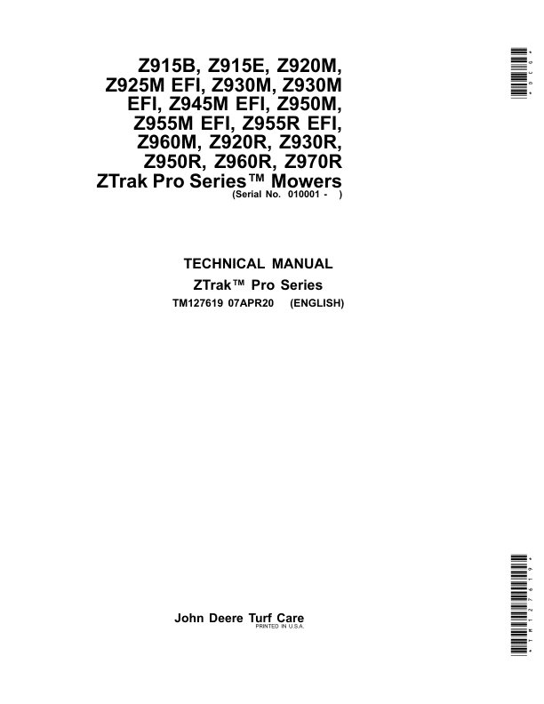 John Deere Z915B, Z915E, Z920M, Z925M EFI Mower Repair Manual