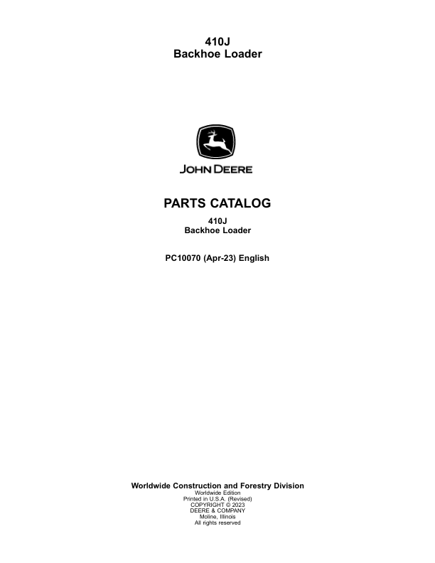 John Deere 410J Backhoe Loader Parts Catalogue Manual