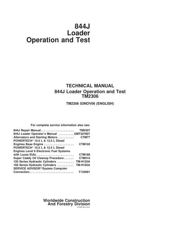 John Deere 844J Loader Operation Test Manual TM2306