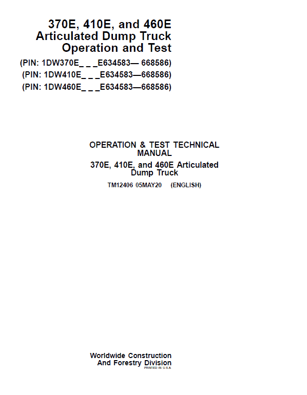 John Deere 370E, 410E, 460E Dump Truck Operation and Test Manual