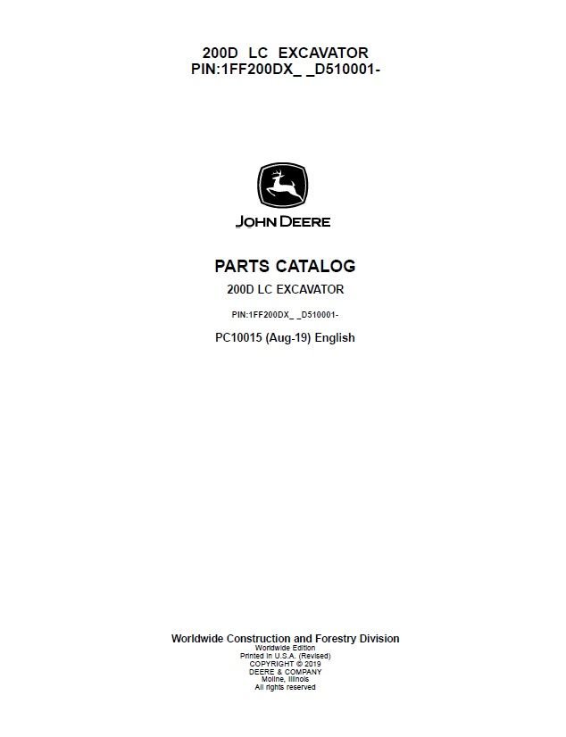 John Deere 200D, 200D LC Excavator Parts Catalog Manual PC10015 