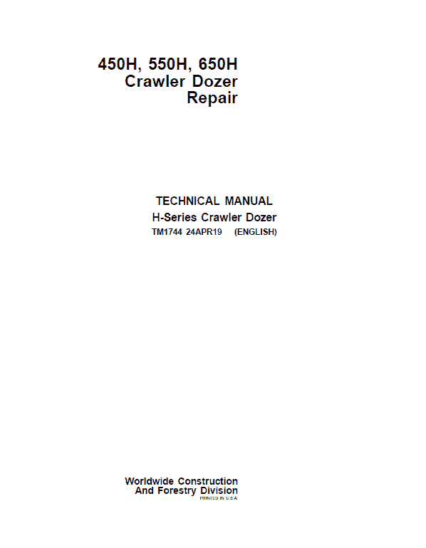 John Deere 450H, 550H, 650H Crawler Dozer Service Workshop Manual