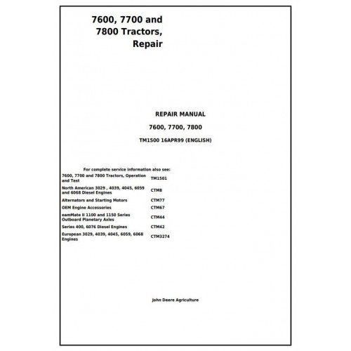 John Deere 7600 7700 7800 Tractors Service Manual TM1500