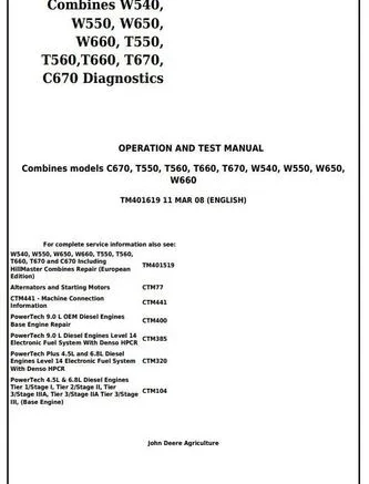 John Deere W550 W650 W660 Combine Diagnostic and Test Service Manual