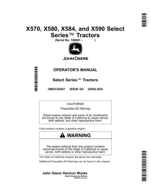 John Deere X570, X580, X584, X590 Select Series Tractors (160001-) Operator’s Manual