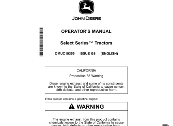 John Deere X570, X580, X584 & X590 Select Series Tractors Operator’s Manual (OMUC19355)
