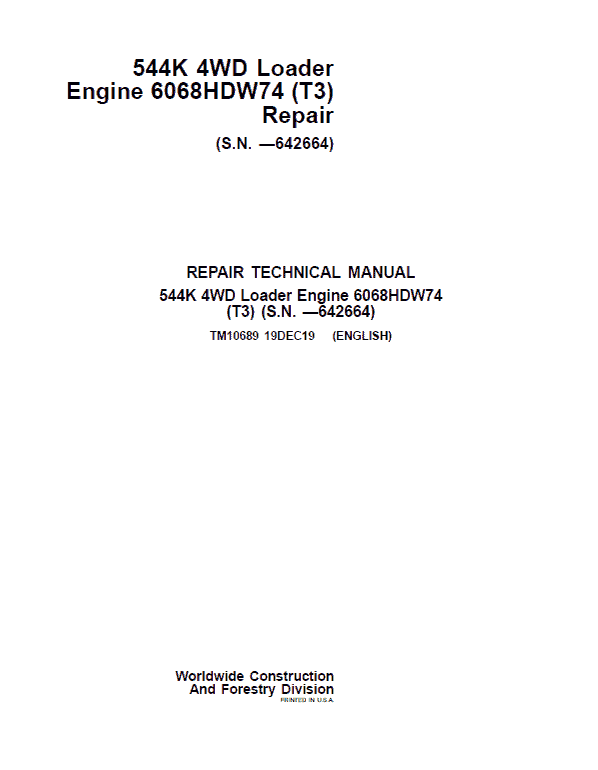 John Deere 544K 4WD Loader Engine T3 Technical Manual TM10689