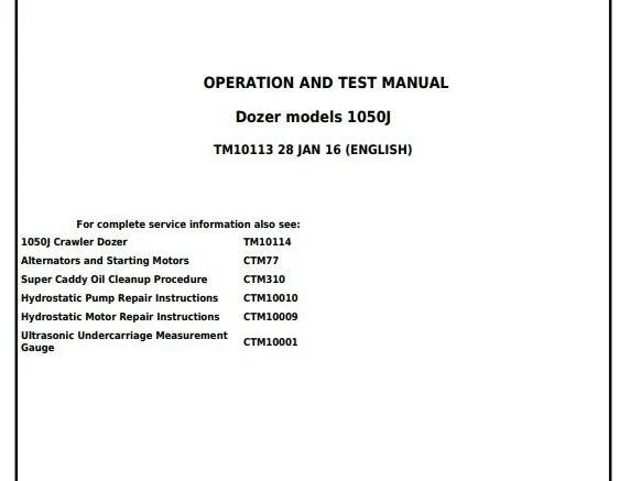 John Deere 1050J Crawler Dozer Diagnostic and Test Service Manual – TM10113