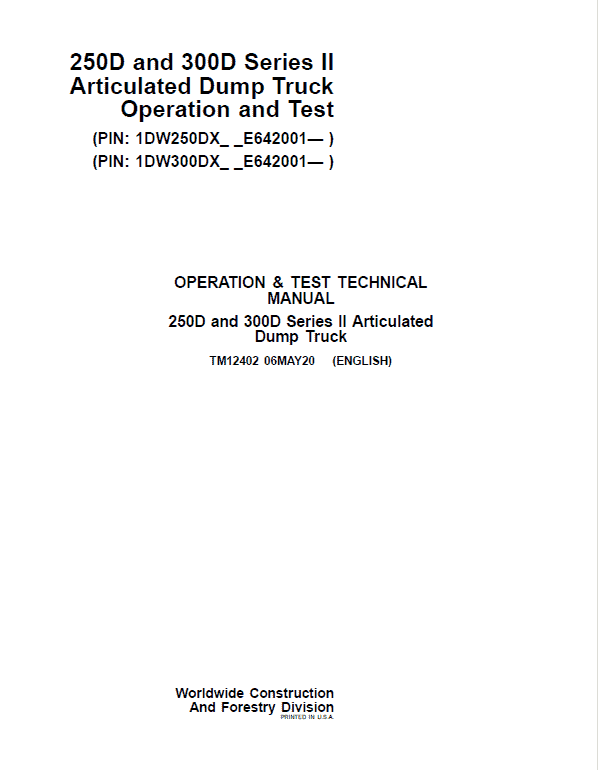John Deere 250D, 300D Dump Truck Operation Test Manual TM12402