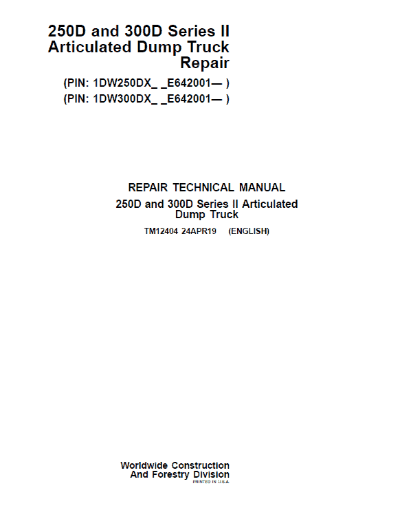 John Deere 250D, 300D Series 2 Dump Truck Technical Manual TM12404