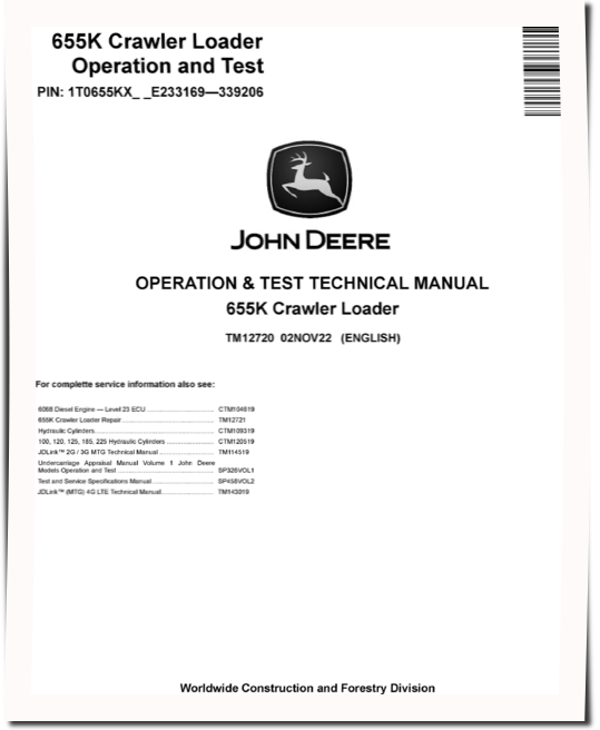 Deere track loader 655K Crawler Operation Test Manual Tm12720