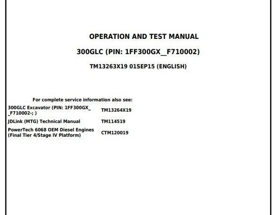 John Deere 300GLC Excavator Operation Test Manual TM13263X19